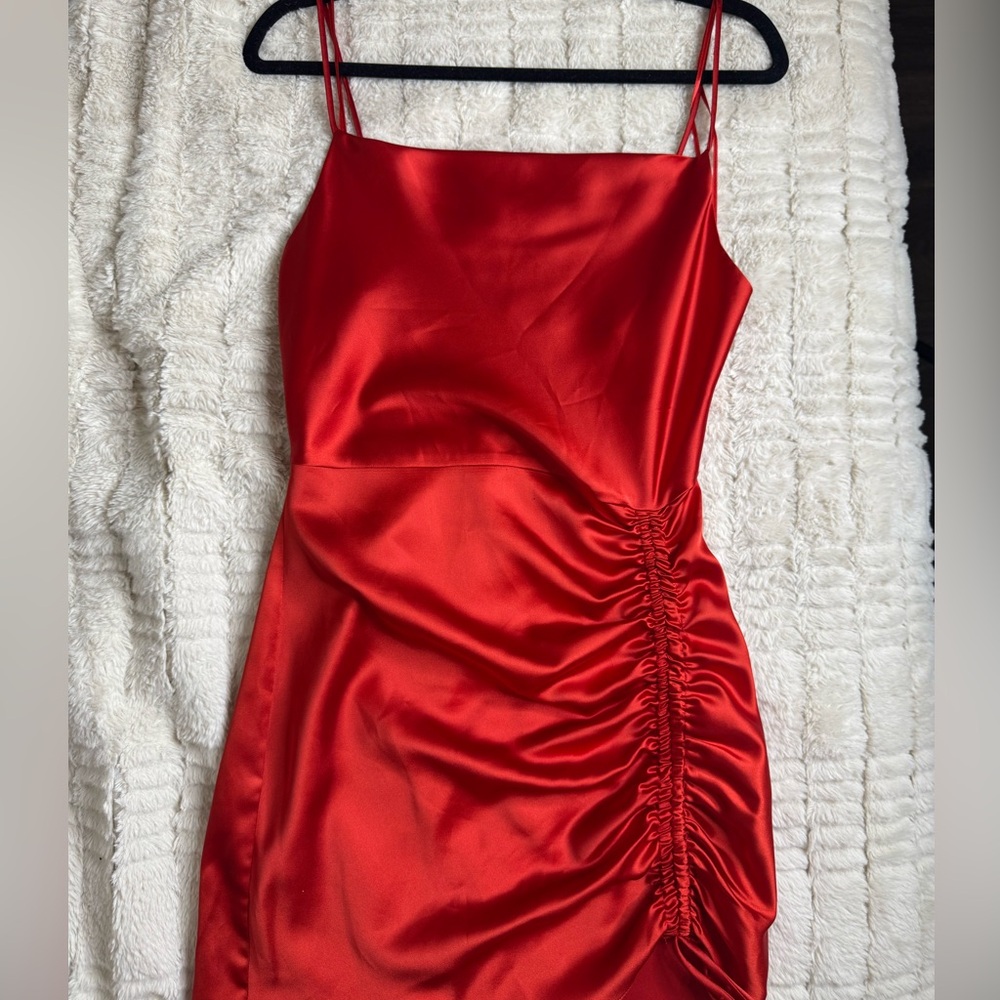 ZARA Red Satin Ruched Mini Dress – Night Out / Party